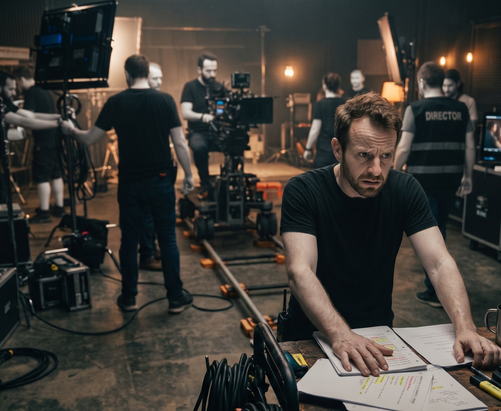 Film director and AD reviewing production schedule